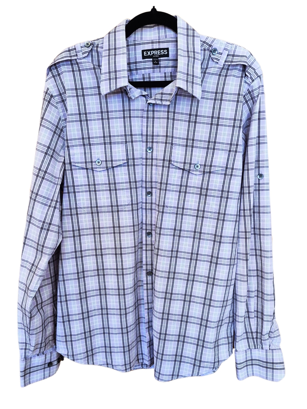 Express Fitted Purple Plaid Button Down Shirt Men’s Large Long Sleeve